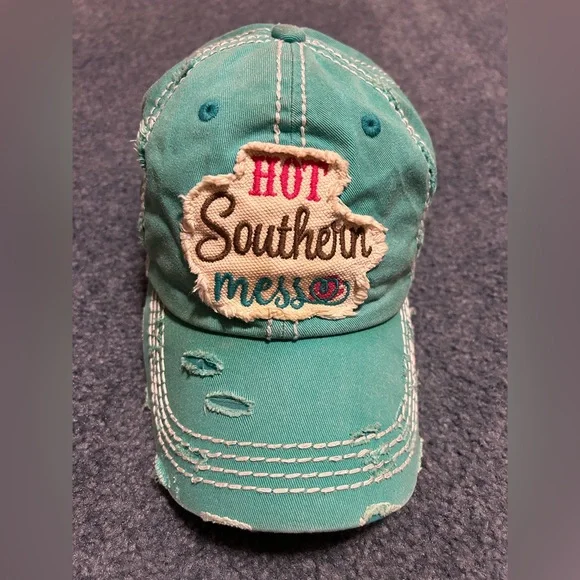 Teal Distressed Cap with Embroidered Patch that says “Hot Southern Mess” - Picture 1 of 4